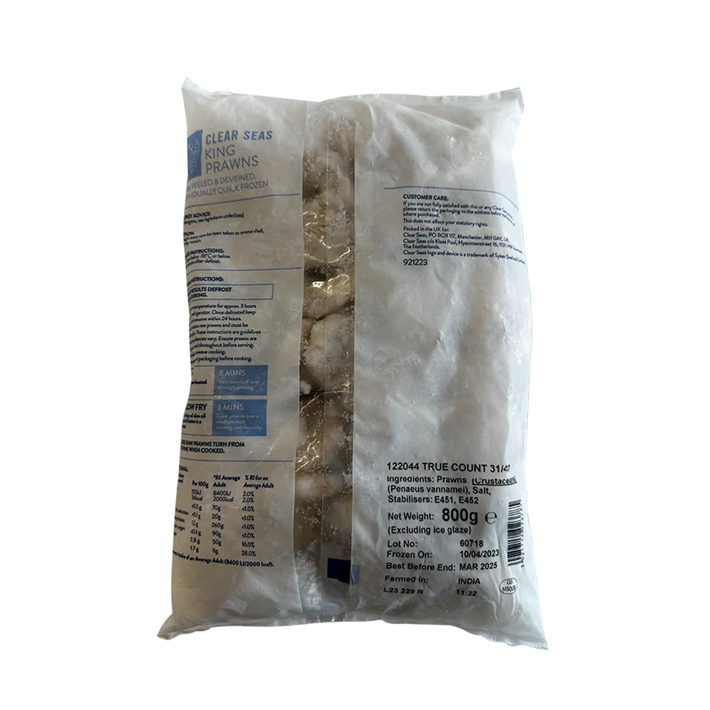 CLEAR SEAS IQF Raw P&D King Prawns 31/40 800gnet (Frozen) - Image 2